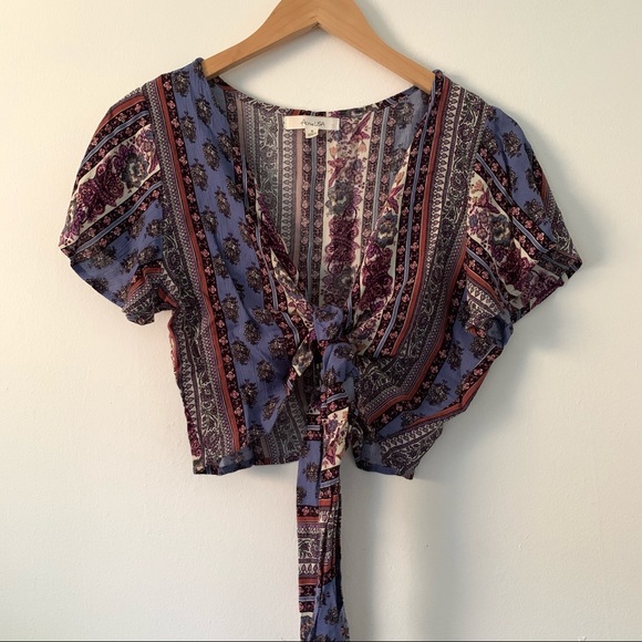 Boho Floral Mix Print Tie Wrap Front Crop Top - S - Picture 2 of 6